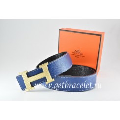 Hermes Reversible Belt Dark Blue/Black Togo Calfskin With 18k Silver Wave Stripe H Buckle QY00579