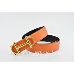 Hermes Reversible Belt Orange/Black Anchor Chain Togo Calfskin With 18k Gold Buckle QY00107