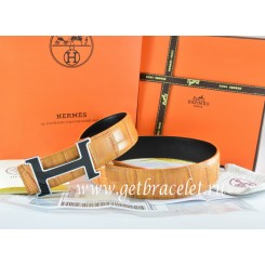 Hermes Reversible Belt Orange/Black Crocodile Stripe Leather With18K Black Silver With Logo H Buckle QY01713