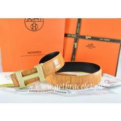 Hermes Reversible Belt Orange/Black Crocodile Stripe Leather With18K Gold Wave Stripe H Buckle QY00078