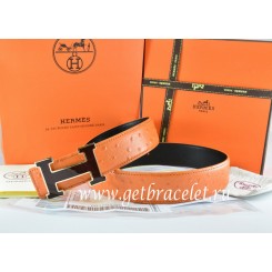 Hermes Reversible Belt Orange/Black Ostrich Stripe Leather With 18K Black Silver Width H Buckle QY01869
