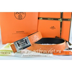 Hermes Reversible Belt Orange/Black Ostrich Stripe Leather With 18K Silver Big H Buckle QY01039