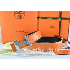 Hermes Reversible Belt Orange/Black Ostrich Stripe Leather With 18K Silver Wave Stripe H Buckle QY01469
