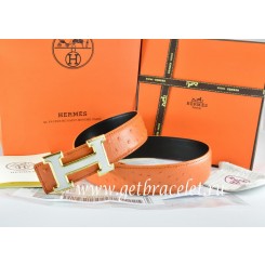 Hermes Reversible Belt Orange/Black Ostrich Stripe Leather With 18K White Gold H Buckle QY01991