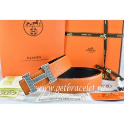 Hermes Reversible Belt Orange/Black Togo Calfskin With 18k Silver Wave Stripe H Buckle QY01409