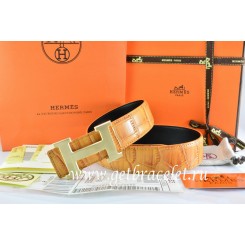 Hermes Reversible Belt Orange/Orange Crocodile Stripe Leather With18K Drawbench Gold H Buckle QY01185