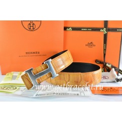 Hermes Reversible Belt Orange/Orange Crocodile Stripe Leather With18K Drawbench Silver H Buckle QY02400