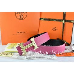 Hermes Reversible Belt Pink/Black Togo Calfskin With 18k Gold Weave Stripe H Buckle QY00167