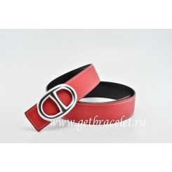 Hermes Reversible Belt Red/Black Anchor Chain Togo Calfskin With 18k Silver Buckle QY01546