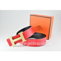 Hermes Reversible Belt Red/Black Togo Calfskin With 18k Silver Wave Stripe H Buckle QY00162