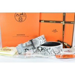 Hermes Reversible Belt White/Black Snake Stripe Leather With 18K Drawbench Silver H Buckle QY00082