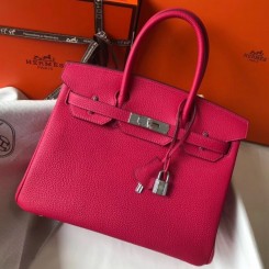 Hermes Rose Red Clemence Birkin 30cm Handbag QY02010