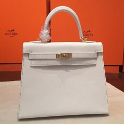 Hermes White Epsom Kelly 25cm Sellier Handmade Bag QY01619