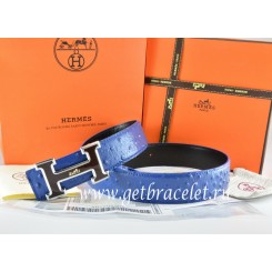 Hot Hermes Reversible Belt Blue/Black Ostrich Stripe Leather With 18K Black Silver White Logo H Buckle QY00165