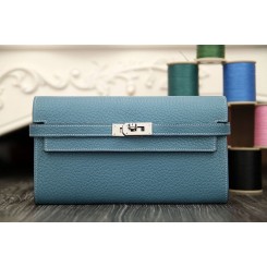 Imitation AAAAA Hermes Kelly Longue Wallet In Jean Blue Clemence Leather QY01474