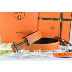 Imitation AAAAA Hermes Reversible Belt Orange/Black Togo Calfskin With 18k Gold Double H Buckle QY00543