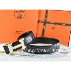 Imitation Hermes Reversible Belt Black/Black Crocodile Stripe Leather With18K White Gold H Buckle QY00986