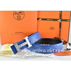 Imitation Hermes Reversible Belt Blue/Black Ostrich Stripe Leather With 18K Silver Spot Stripe H Buckle QY01573