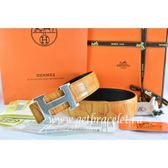 Imitation Hermes Reversible Belt Orange/Black Crocodile Stripe Leather With18K Silver Wave Stripe H Buckle QY00761