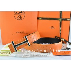 Imitation Hermes Reversible Belt Orange/Black Ostrich Stripe Leather With 18K Black Gold Idem Buckle QY02336