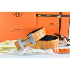 Imitation Hot Hermes Reversible Belt Orange/Orange Crocodile Stripe Leather With18K Silver H Buckle QY00426