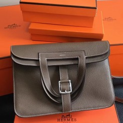 Imitation Luxury Hermes Halzan Bag In Etoupe Clemence Leather QY01152