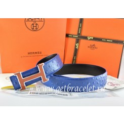 Knockoff Hermes Reversible Belt Blue/Black Ostrich Stripe Leather With 18K Brown Silver Narrow H Buckle QY01919