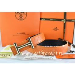 Knockoff Hermes Reversible Belt Orange/Black Ostrich Stripe Leather With 18K Gold Idem Buckle QY01965