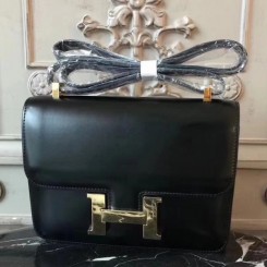 Knockoff Top Hermes Black Constance MM 24cm Box Leather Handbag QY00972