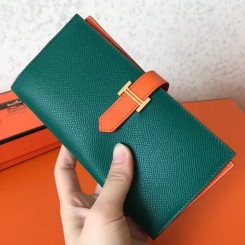 Replica AAA Hermes Bi-Color Epsom Bearn Wallet Malachite/Orange QY00500