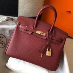 Replica Best Hermes Birkin 25cm Handbag In Bordeaux Clemence Leather QY00948