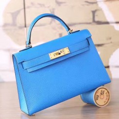 Replica Hermes Blue Hydra Chevre Kelly Mini II 20cm Handmade Bag QY00895