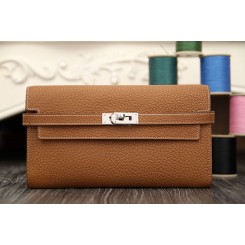 Replica Hermes Kelly Longue Wallet In Brown Clemence Leather QY01246