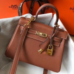 Replica Hermes Mini Kelly 20cm Handbag In Brown Clemence Leather QY00011