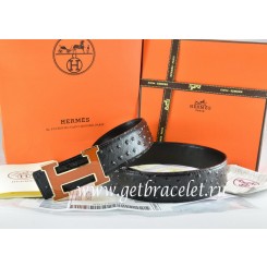 Replica Hermes Reversible Belt Black/Black Ostrich Stripe Leather With 18K Brown Gold Width H Buckle QY01747