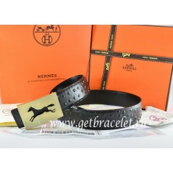 Replica Hermes Reversible Belt Black/Black Ostrich Stripe Leather With 18K Gold Hollow Horse Buckle QY02341