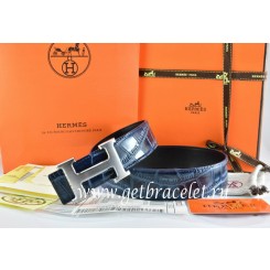 Replica Hermes Reversible Belt Blue/Black Crocodile Stripe Leather With18K Drawbench Silver H Buckle QY00985