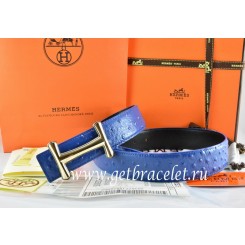 Replica Hermes Reversible Belt Blue/Black Ostrich Stripe Leather With 18K Gold Idem Buckle QY00709