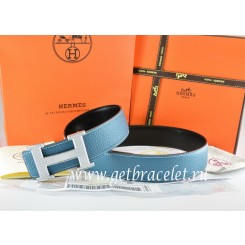 Replica Hermes Reversible Belt Blue/Black Togo Calfskin With 18k Silver Wave Stripe H Buckle QY01558