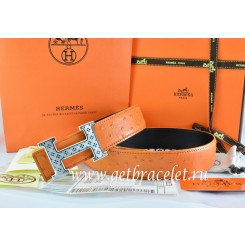 Replica Hermes Reversible Belt Orange/Black Ostrich Stripe Leather With 18K Silver Spot Stripe H Buckle QY01724