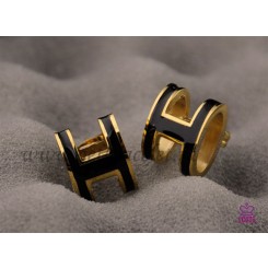 Replica Lacquered Hermes Pop H Black Earrings in Yellow Gold QY00931