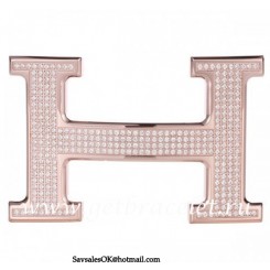 Replica Luxury Hermes Reversible Belt 18k Rose Gold Plated H Buckle with Full Diamonds QY00104
