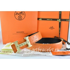 Top Hermes Reversible Belt Orange/Black Ostrich Stripe Leather With 18K Gold Weave Stripe H Buckle QY02235