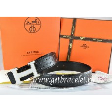 AAA Hermes Reversible Belt Black/Black Ostrich Stripe Leather With 18K White Silver h Buckle QY01698