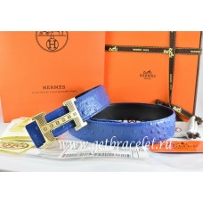 Best 1:1 Hermes Reversible Belt Blue/Black Ostrich Stripe Leather With 18K Gold Stripe Logo H Buckle QY01935