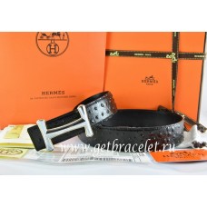 Best Hermes Reversible Belt Black/Black Ostrich Stripe Leather With 18K Silver Idem Buckle QY00231