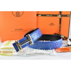 Best Quality Replica Hermes Reversible Belt Blue/Black Ostrich Stripe Leather With 18K Gold H au Carre Buckle QY00430