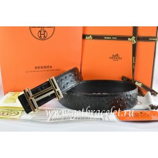Cheap Knockoff Hermes Reversible Belt Black/Black Ostrich Stripe Leather With 18K Gold H au Carre Buckle QY01245