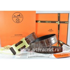 Cheap Knockoff Hermes Reversible Belt Brown/Black Crocodile Stripe Leather With18K Gold H Buckle QY00396