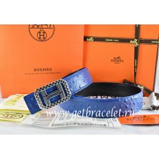Copy AAAAA Hermes Reversible Belt Blue/Black Ostrich Stripe Leather With 18K Silver Lace Strip H Buckle QY02081